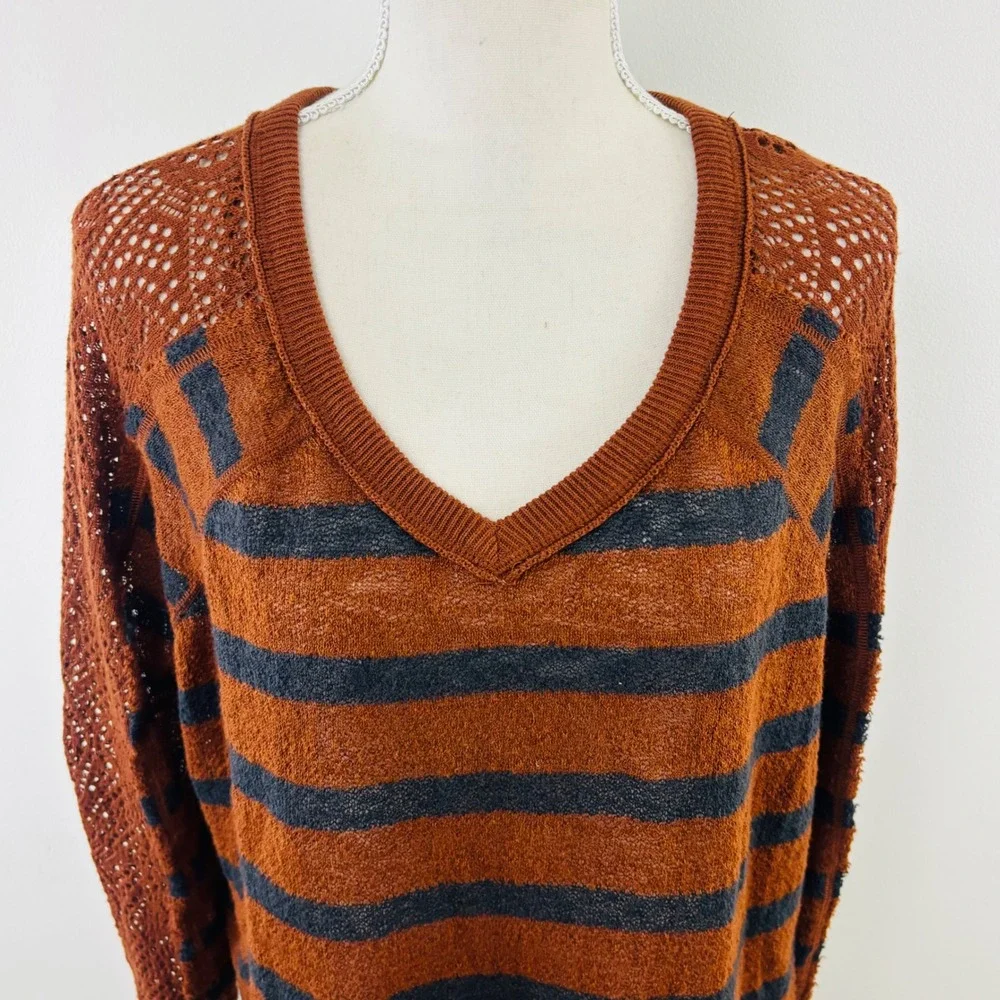 Free People We The Free Striped V-Neck Sweater Rust Brown Grey XS Open Knit Boho